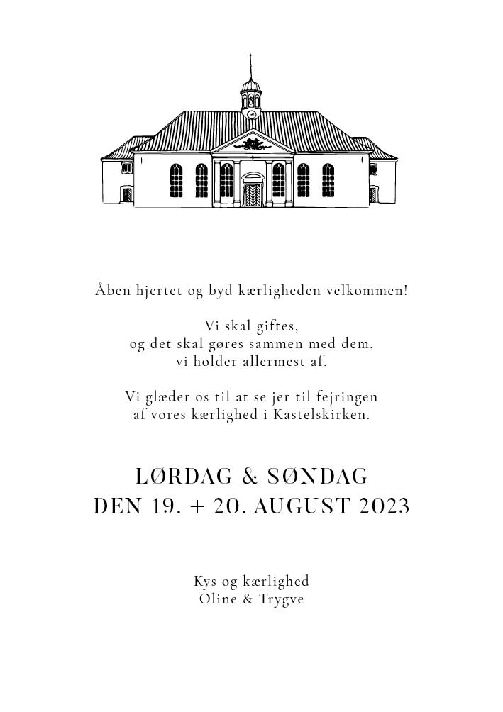 
                Til invitationen findes også matchende bordkort, menukort, takkekort m.m.                